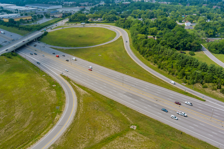 Aerial view in Interstate 70 running through the Scioto Woods, Columbus, Ohio USA