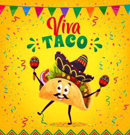 Cartoon mexican tacos character in sombrero hat